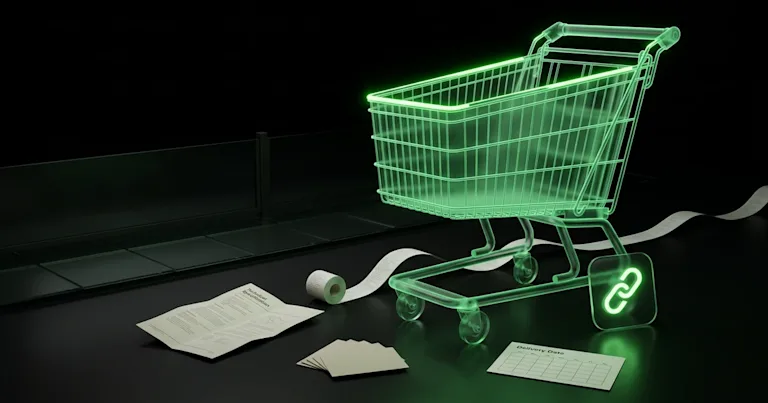 A neon green cart, link icon, and receipts show AI Shopping Assistant Visibility