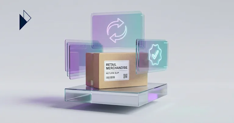 A retail box with glowing teal and purple icons illustrates Modern Returns Management Tools: 5 Key Features for E-commerce.