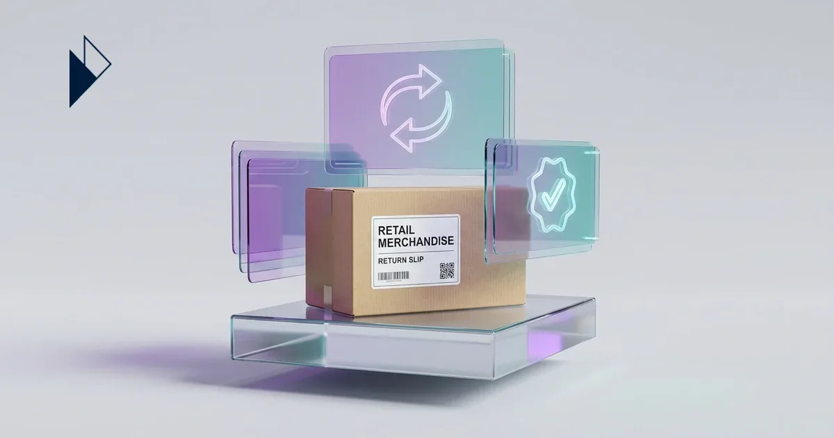 A retail box with glowing teal and purple icons illustrates Modern Returns Management Tools: 5 Key Features for E-commerce.
