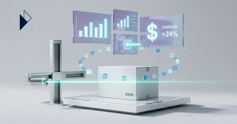 Blue data charts float over a scanned white package for Last-Mile Delivery Analytics: Top E-commerce Solutions for 2026.