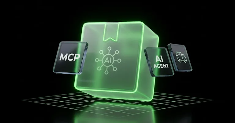Transparent logistics data blocks feed into a processor, beaming to an AI screen, illustrating Model Context Protocol for Eco