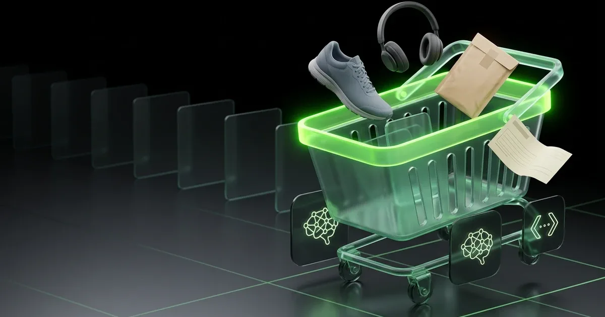 Transparent logistics data blocks feed into a processor, beaming to an AI screen, illustrating Model Context Protocol for Eco