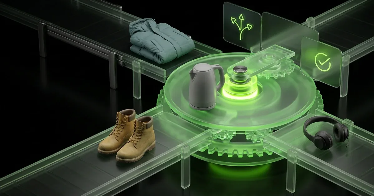 E-commerce Logistics: Peak Season Carrier Rules for BFCM: translucent green conveyors move products with digital rule