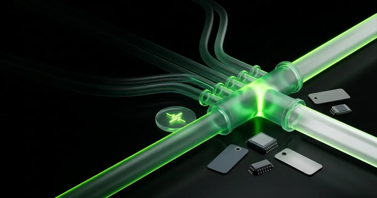 Green glowing pipes connect near microchips for Perform.AI vs 17TRACK: Parcel Tracking & Pricing