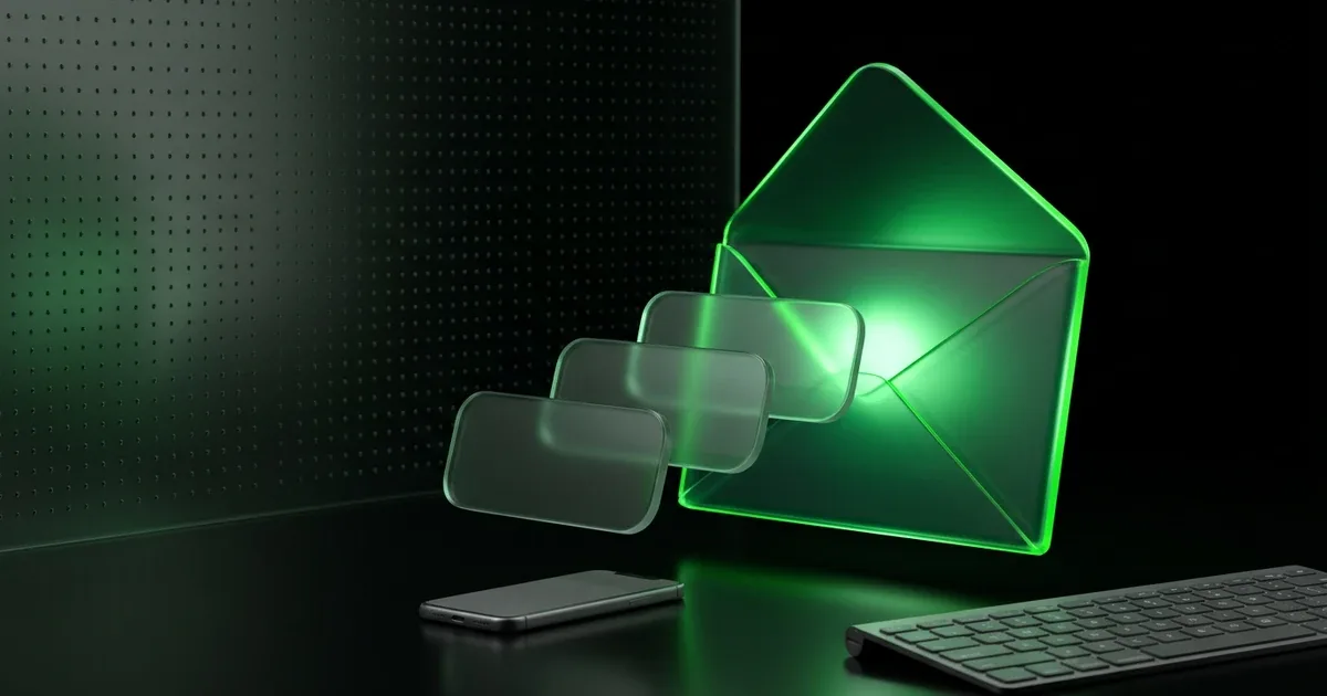 A glowing green envelope floats above a desk in Perform.AI vs 17TRACK: Branded Tracking Page