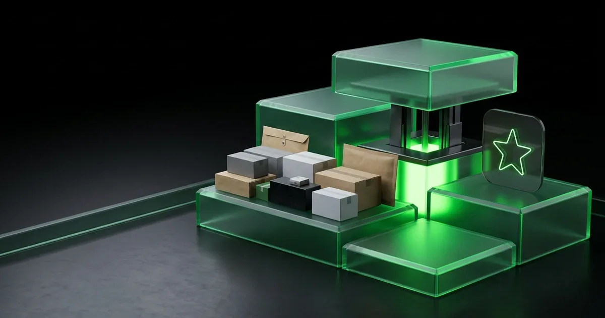 Shipping boxes sit on glowing green glass for Branded Tracking Page: Perform.AI vs AfterShip Billing &