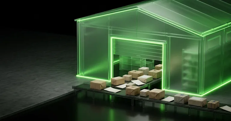 Boxes exit a glowing green warehouse for an Estimated Delivery Date: Perform.AI vs AfterShip