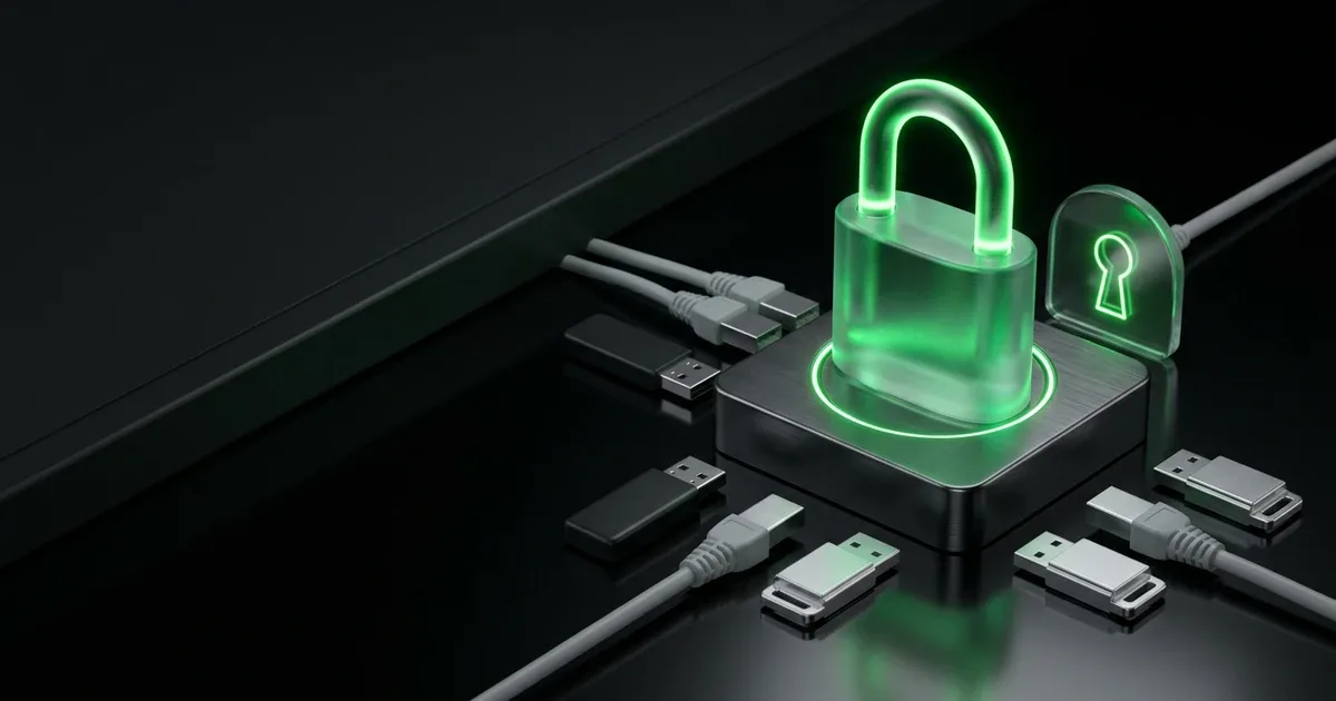 A glowing green padlock rests near USB drives for Perform.AI vs AfterShip: Enterprise Post-Purchase