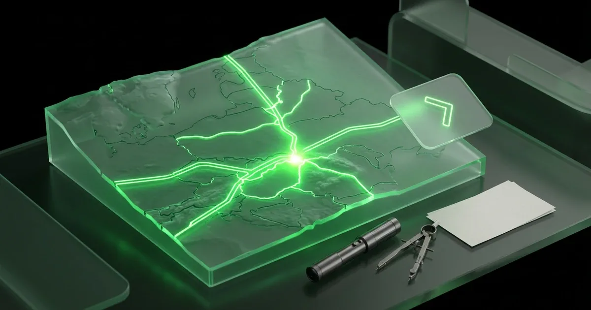 Glowing green glass European map with neon routes for Perform.AI vs AfterShip