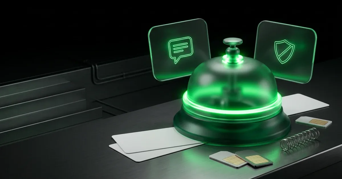 A glowing green service bell sits by SIM cards for Perform.AI vs AfterShip: Shipment Notifications