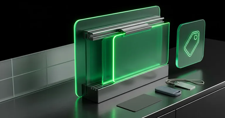 Green glowing glass panels with price tag icon for Perform.AI vs AfterShip: A Guide to Post Purchase Upsell
