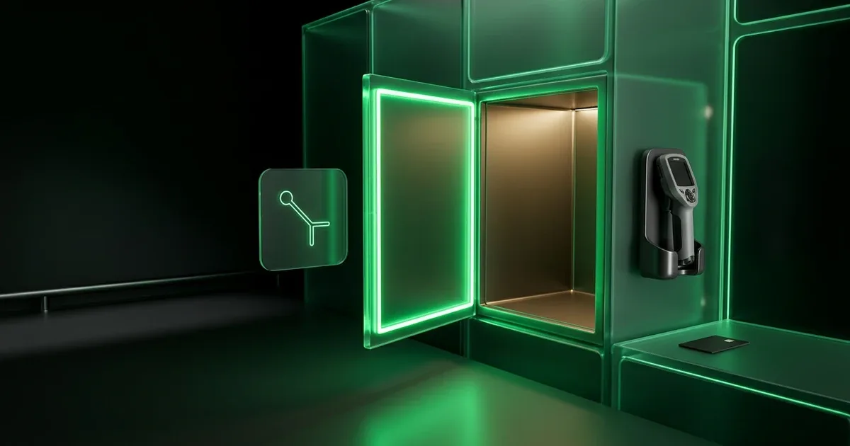 A green neon smart locker with scanner for Perform.AI vs AfterShip for US Retailers