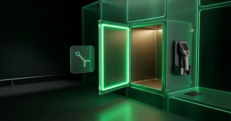 A green neon smart locker with scanner for Perform.AI vs AfterShip for US Retailers