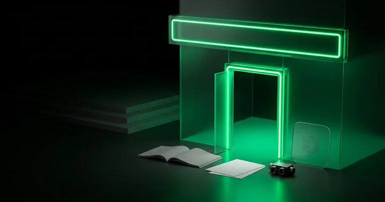 Neon green glowing doorway with open papers on a dark floor for Perform.AI vs AthenaHQ