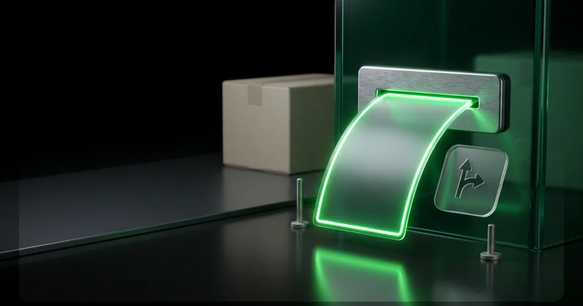 A glowing green slip ejects near a parcel for Perform.AI vs Narvar Carrier Coverage & Tracking Data