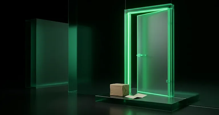 A parcel sits by a glowing green doorway for Perform.AI vs Narvar: Delivery Promise & EDD