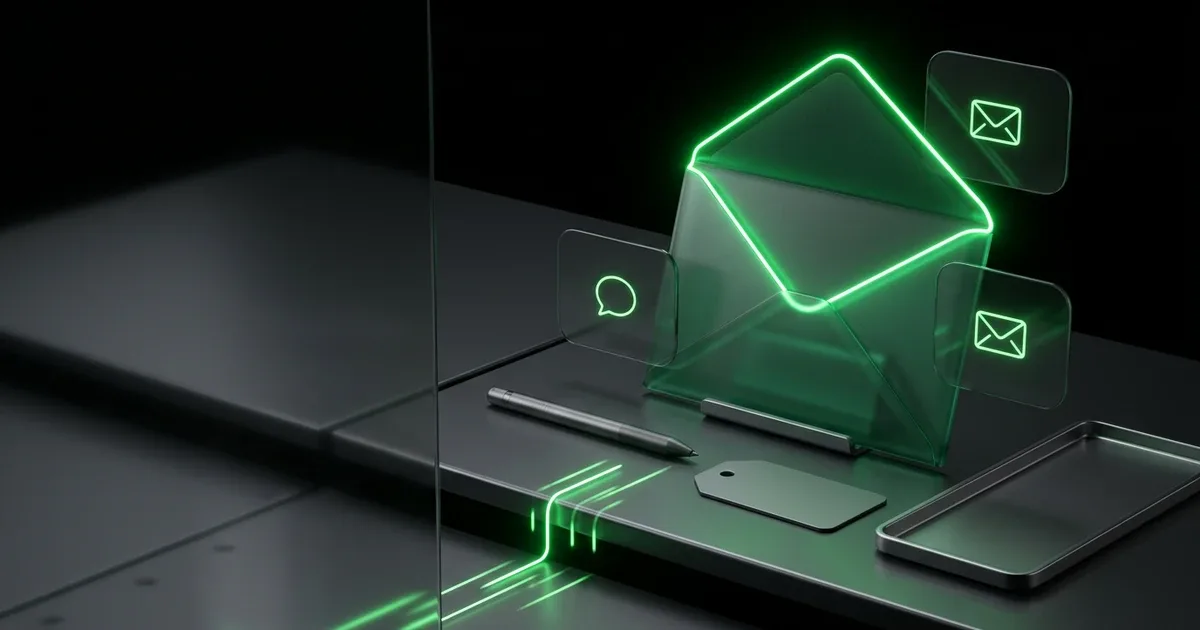 A glowing green envelope sits on a dark desk for Perform.AI vs Narvar: Branded Tracking Page