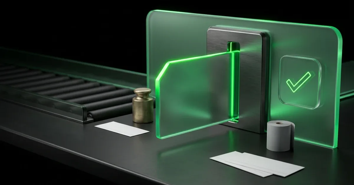 A glowing green gate scans a conveyor belt for Perform.AI vs Narvar: A Returns Management Software Comparison