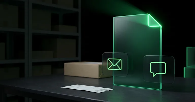 A shipping box sits beside glowing green icons for Perform.AI vs Outvio: Branded Tracking Page &