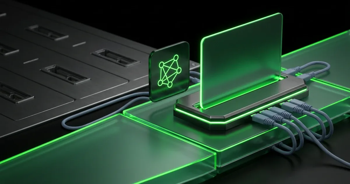 A glowing green dock with cables highlights Branded Tracking Page: Perform.AI vs parcelLab Carrier