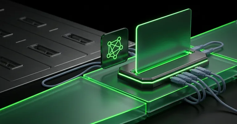 A glowing green dock with cables highlights Branded Tracking Page: Perform.AI vs parcelLab Carrier