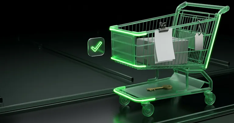 A glowing green shopping cart holds a parcel for Perform.AI vs parcelLab: E-commerce Delivery Promise