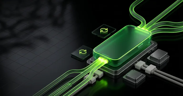 Glowing green cables power a device for Perform.AI vs parcelLab: Branded Tracking Page &