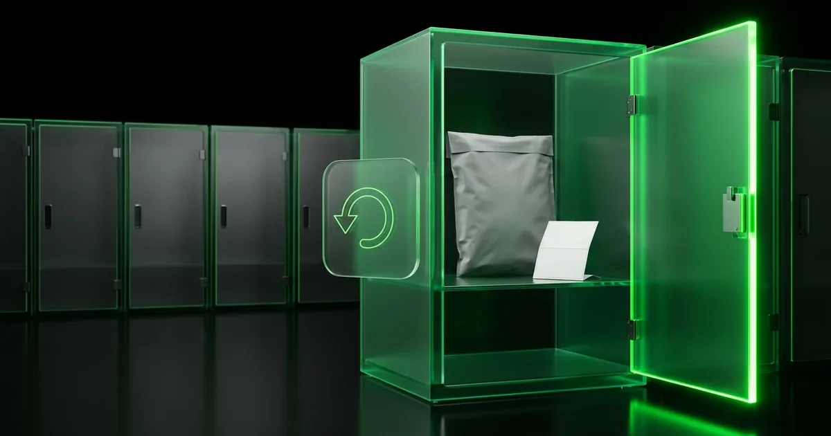 A package sits in a glowing green locker for Perform.AI vs parcelLab: returns management