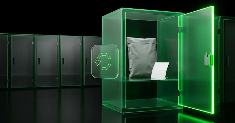 A package sits in a glowing green locker for Perform.AI vs parcelLab: returns management