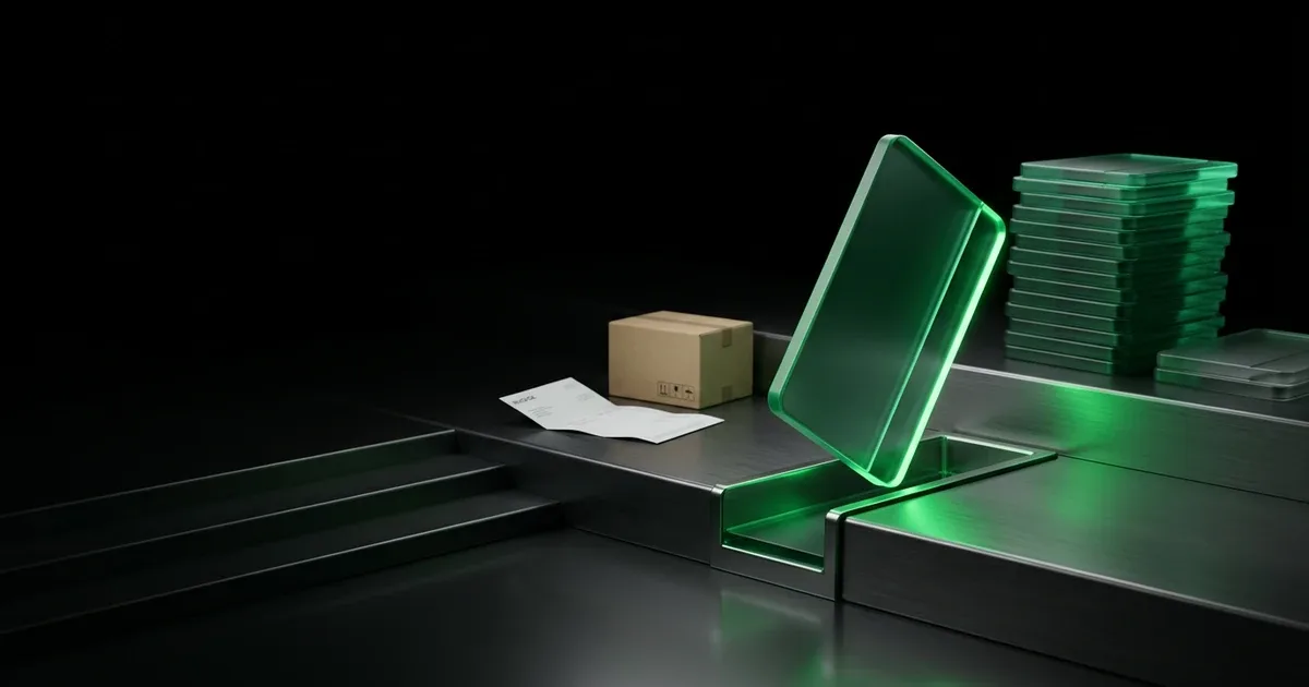 On dark metal, a green glowing card sits by a parcel for Perform.AI vs ParcelPanel