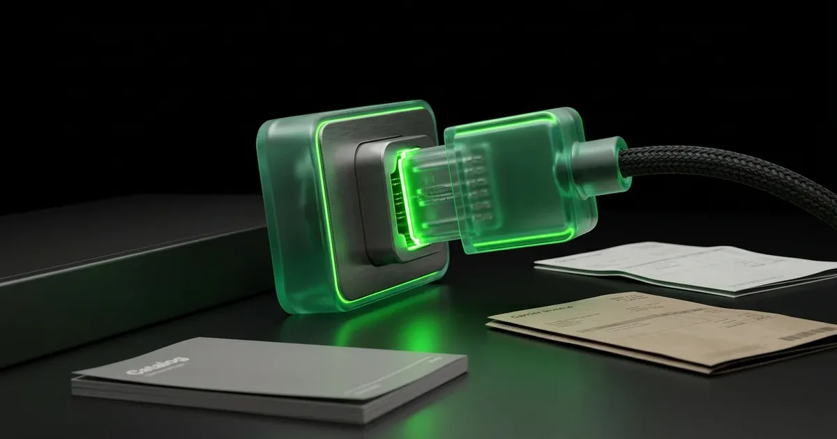 A glowing green plug connects by documents for Perform.AI vs Peec AI: AI Search Visibility