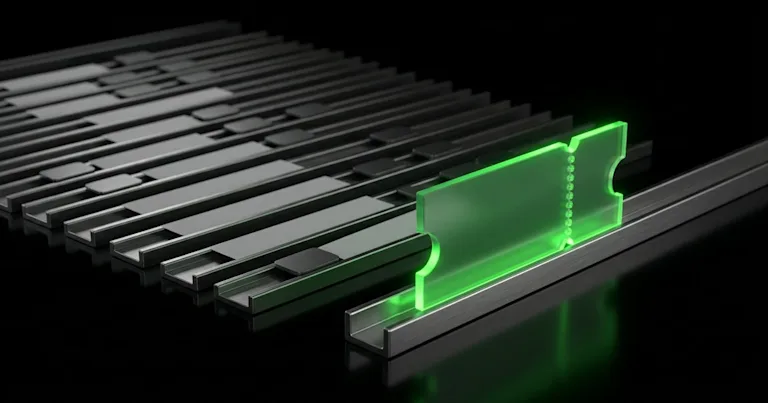 A glowing green ticket rests on dark tracks for Perform.AI vs Peec AI: AI Search Visibility & Engine