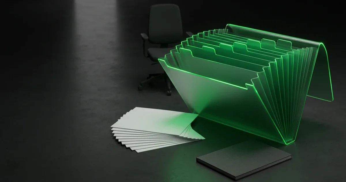 A glowing green file folder rests by papers for Perform.AI vs Peec AI: Plans