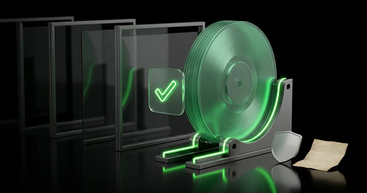 Glass panels and a glowing green disc display Perform.AI vs Profound: AI Search Visibility