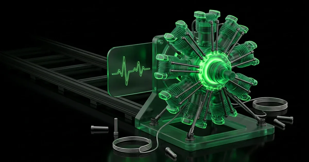 A glowing green engine on dark tracks for Perform.AI vs Profound: AI Search Visibility & Engines