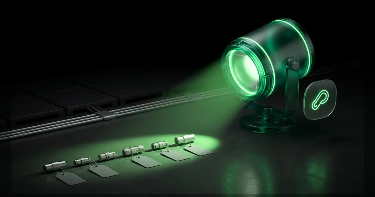 A green spotlight illuminates tagged cylinders for Perform.AI vs Rankscale AI
