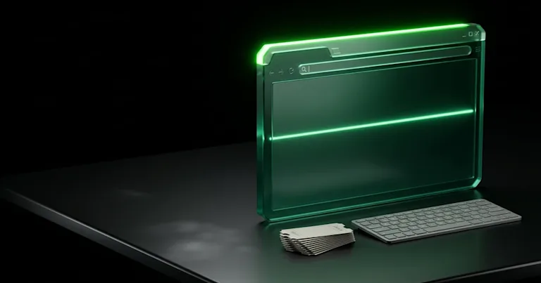 Glowing green glass browser and keyboard on a desk for Perform.AI vs SE Visible