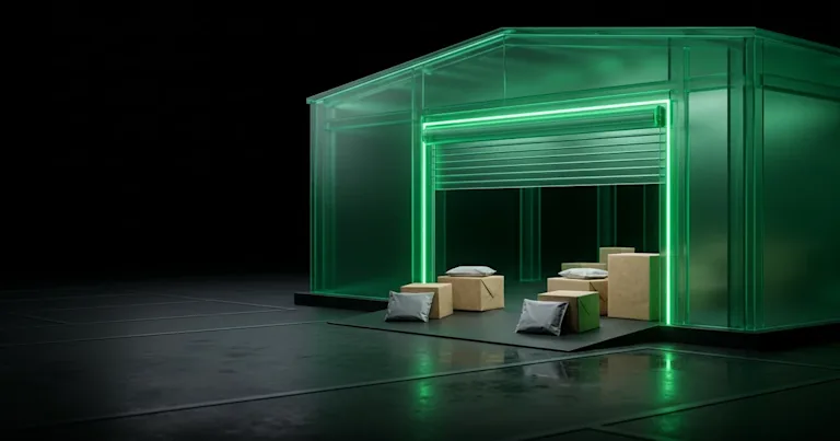Boxes sit inside a glowing green warehouse for Perform.AI vs Shipium: Delivery Date at Checkout &