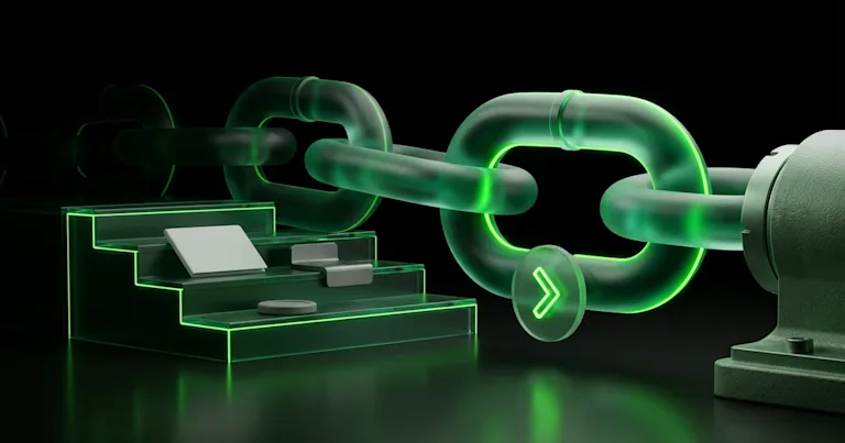 Glowing green chain links and steps for Perform.AI vs Surfer: AI Search Visibility & Tracking