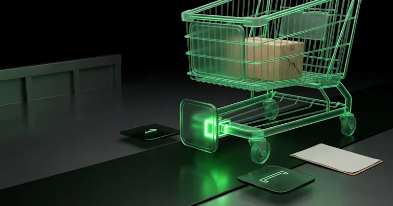 A glowing green shopping cart carries a box in Perform.AI vs TrackingMore: Comparing the E-commerce Delivery