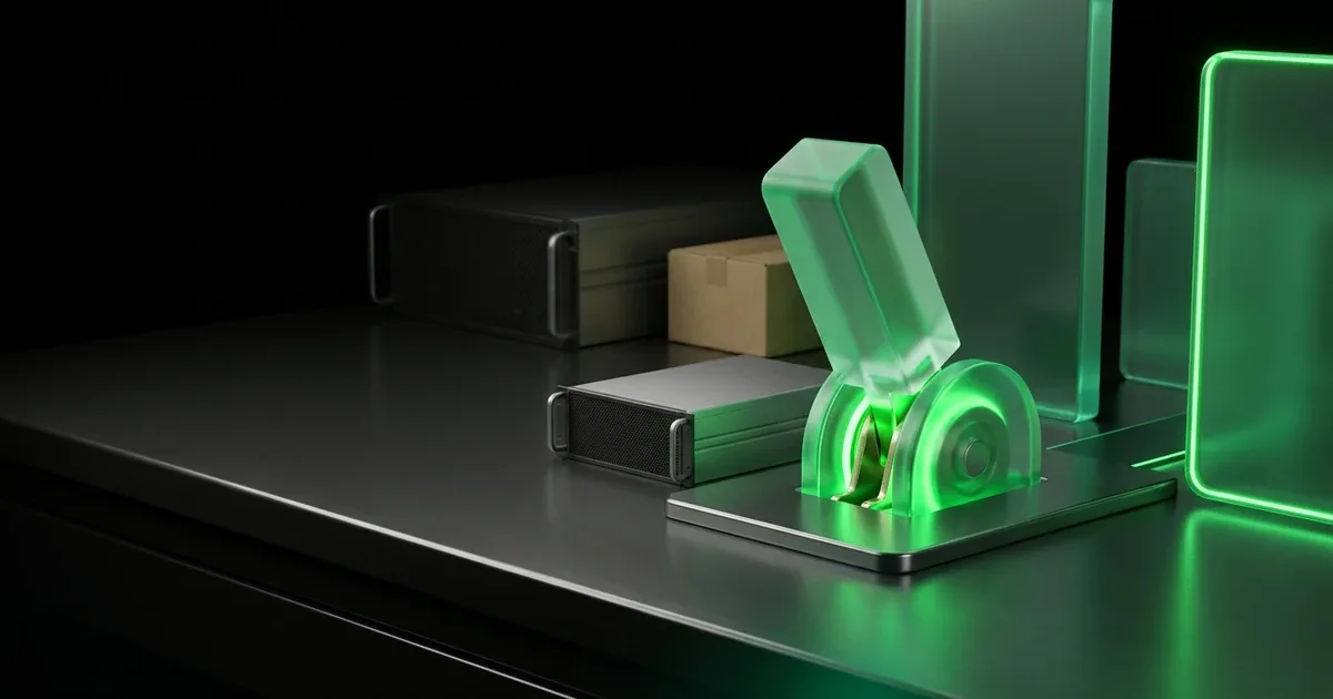 Glowing green lever, servers, and parcel on a desk for Branded Tracking Page