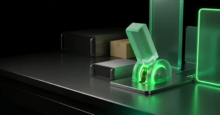 Glowing green lever, servers, and parcel on a desk for Branded Tracking Page