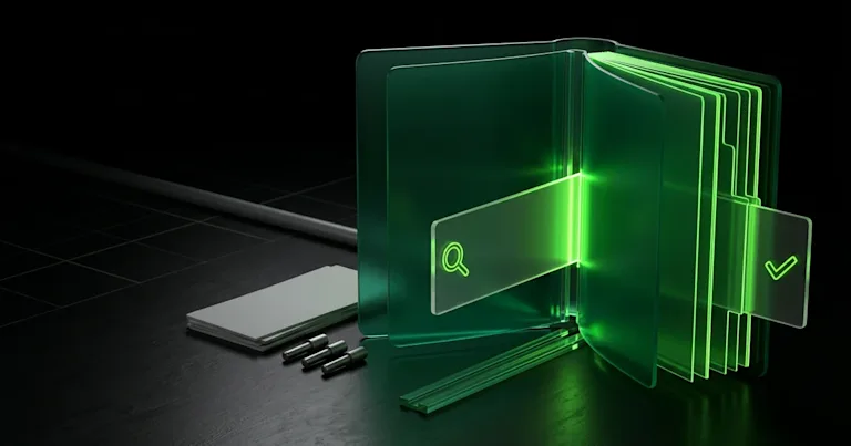 A glowing green glass book for Answer Engine Optimization: Auditing Competitor Mentions sits open on a dark