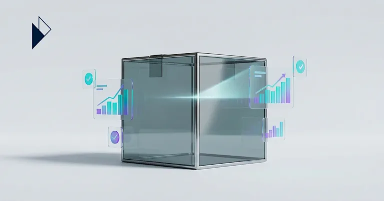 Purple and teal data charts float by a glass cube for Post-Purchase Customer Service: From Cost Center to Revenue.