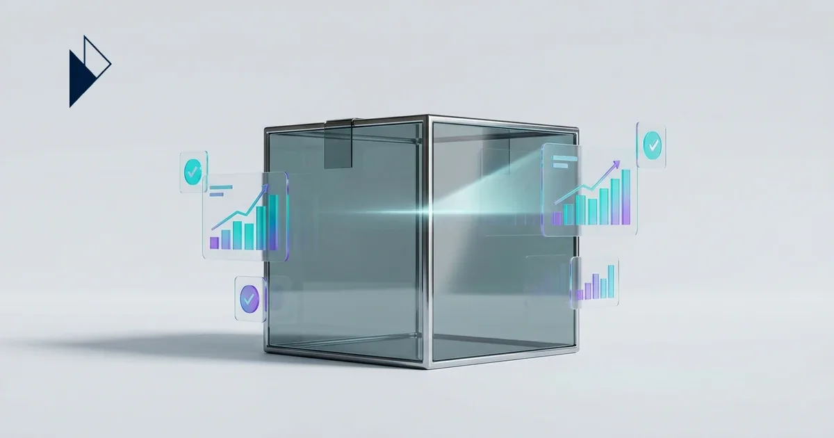 Purple and teal data charts float by a glass cube for Post-Purchase Customer Service: From Cost Center to Revenue.