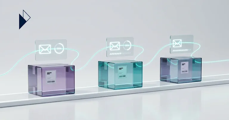 Neon lines link three glass boxes for Post-Purchase Email Flows That Drive Repeat Purchases — Read on for th.