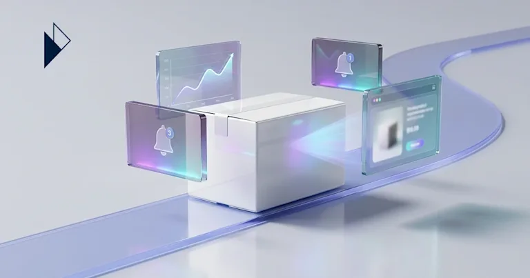 A white package on a blue translucent path, surrounded by clear screens with data, for Post-Purchase Marketing Strategies for