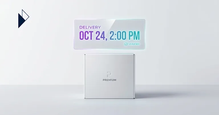 Abstract 3D visualization of a calendar with a single highlighted date converging with structured data flows — e-commerce delivery precision article.