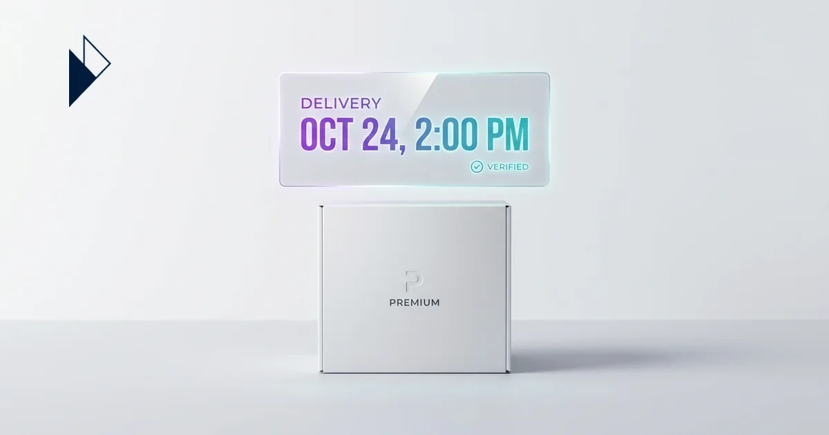 Abstract 3D visualization of a calendar with a single highlighted date converging with structured data flows — e-commerce delivery precision article.