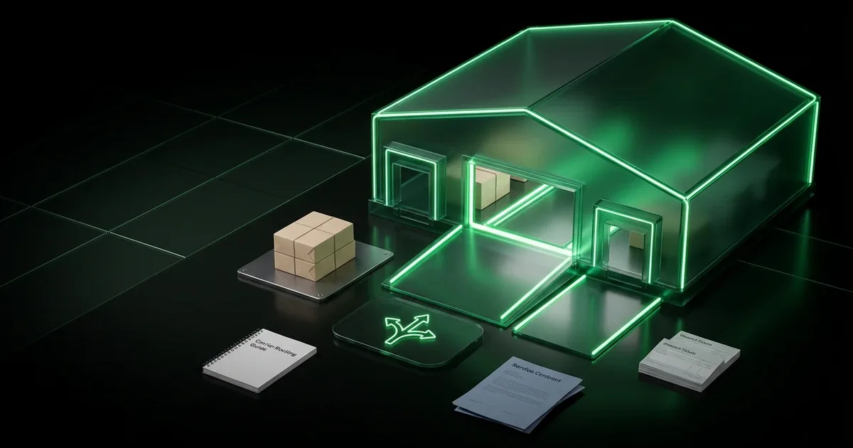 A central white package, glowing blue/purple data streams, and clear modules visualize Predictive Logistics: AI Turns Carrier